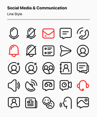 Wall Mural - Customizable set of social media and communication icons covering text, audio, and video communication, contacts, and notifications. Perfect for apps, websites, presentations, and other projects