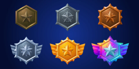 Poster - military game ranking badge set with star insignia. vector cartoon illustration of award medals with