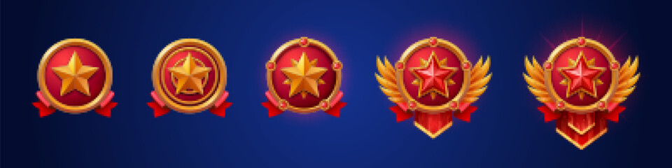 Poster - Cartoon set of gold game badges of different rank isolated on dark blue background. Vector illustration of round medals with star, red ribbon and golden metal textures. Collection of level awards