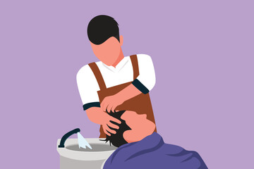 Cartoon flat style drawing attractive male is getting modern haircut in barber shop. Side view of young man getting his hair washed and head massaged in hair salon. Graphic design vector illustration