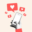 © makanna - Contemporary art collage in creative magazine style design. Female hand with smart phone with blank screen and like symbols around. Addiction to social media, online work or business,