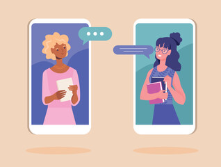 Poster - video call conversation. communication in social networks and instant messengers. two women on smart