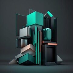 Poster - Abstract composition. Simple geometric shapes. Dark colored illustration. Technical elements. 3D rendering. Generative AI.