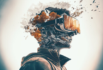 Young man with VR glasses immersed in virtual reality, surreal abstract background, double exposition. Creative art and meta-universe technology. 3D rendering. AI generated