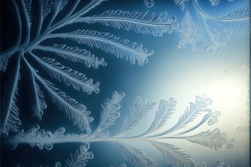 Poster - Frozen pattern on the window. Frosted glass in amazing elements. Winter crystal background texture. 3D render. AI generated.
