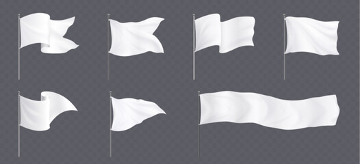 White flags and pennants on poles mockup. Blank fabric banners triangle, rectangle and corner shape on steel stand isolated on transparent background, vector realistic set