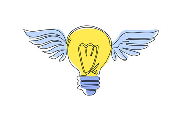 Poster - Continuous one line drawing flying bulbs with wings. Flat icon isolated. Imagination, fantasy icon. Knowhow sign. New business idea. Invention logo. Single line draw design vector graphic illustration