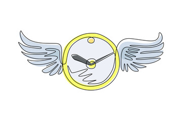 Poster - Single one line drawing clock with wings flying in the sky. Lost time concept. Time featuring winged clock flying in the sky. Time flies. Modern continuous line draw design graphic vector illustration