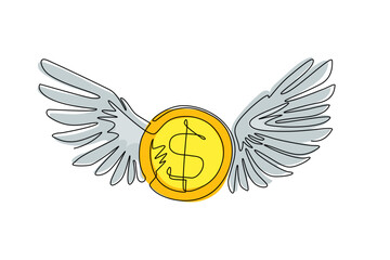 Poster - Single one line drawing coins dollar with wings flying in the sky. Lost money concept. Flying money. Economy, finance, money pictogram. Modern continuous line draw design graphic vector illustration