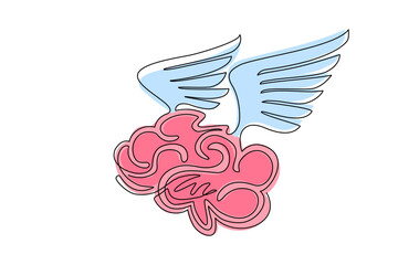 Poster - Continuous one line drawing brain with wings fly in the sky. Flying brain icon. Brains of the dreamer. Free mind logo template design label emblem. Single line draw design vector graphic illustration