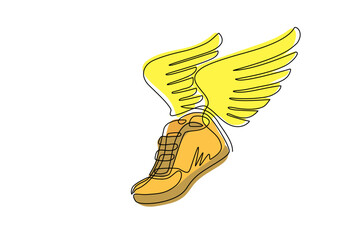 Poster - continuous one line drawing running shoes with wings isolated. stylized, minimalistic vintage design