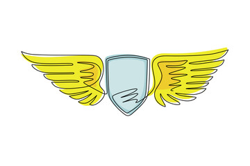 Poster - single one line drawing winged shield logo. flying shield with wings in the sky. modern professional
