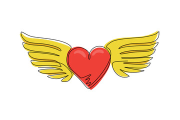 Poster - Continuous one line drawing heart love romantic with wings silhouette flat style icon. Flying heart logo with wings. Winged hearts fly in the sky. Single line draw design vector graphic illustration