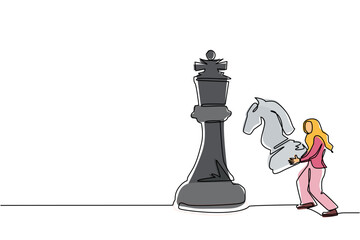 Poster - Continuous one line drawing Arab businesswoman holding knight chess piece to beat king chess. Strategic planning, business development strategy, tactic entrepreneurship. Single line draw design vector