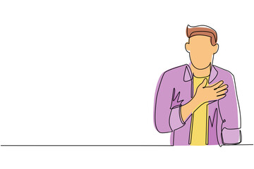Poster - Single one line drawing young man keeping hands on chest. Smiling friendly male expressing gratitude. Emotion and body language concept. Modern continuous line draw design graphic vector illustration