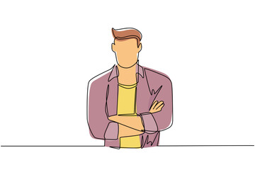 Poster - Single continuous line drawing smiling confident young man in shirt, keeping arms crossed. Active businessman standing with folded arms pose. Dynamic one line draw graphic design vector illustration