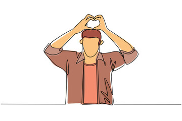 Poster - Single continuous line drawing young man making or gesturing heart symbol with fingers. Modern male lifestyle, healthcare, love shape concept. Dynamic one line draw graphic design vector illustration