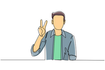 Poster - Continuous one line drawing smiling man is showing victory sign. Young businessman gesture success. Male doing victory sign. Sign of success and peace. Single line draw design vector illustration