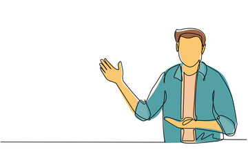 Poster - Single one line drawing handsome man in casual clothes presenting something. Young businessman showing something or presenting project. Modern continuous line draw design graphic vector illustration