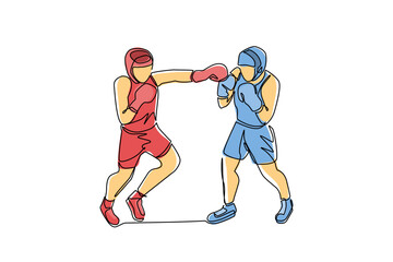 Poster - continuous one line drawing boxers fighting on ring, opponents in shorts and gloves fight on arena w