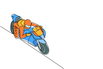 Wall Mural - Single one line drawing biker wearing helmet, riding motorcycle in asphalt road. Young man in racer overalls and helmet sitting on sports bike. Continuous line draw design graphic vector illustration