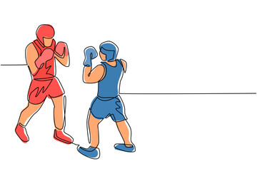 Poster - single continuous line drawing boxers fighting on ring, opponents in shorts and gloves fight on aren