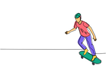 Poster - single one line drawing young man riding skateboard. stylish male skater in casual outfit. guy moves