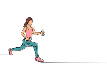 Poster - Single one line drawing woman in tracksuit doing exercises in gym. Female doing squats at gym. Fitness class for girl. Sports training for woman. Healthy lifestyle. Continuous line draw design vector