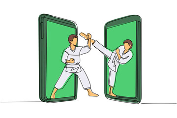 Poster - Continuous one line drawing two karate fighters comes out from cellular phone ready to fight. Professional karate fighters standing fighting practicing karate together. Single line draw design vector