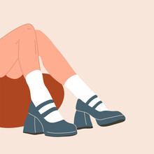 Female Legs In Stylish Shoes With Heels And Lace Socks. Fashion And Style, Clothing And Accessories. Footwear. Vector Illustration For A Postcard Or A Poster, Print For Clothes. Vintage And Retro.