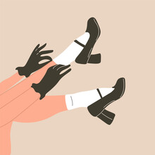 Female Legs In Stylish Shoes With Heels And Lace Socks. Fashion And Style, Clothing And Accessories. Footwear. Vector Illustration For A Postcard Or A Poster, Print For Clothes. Vintage And Retro.
