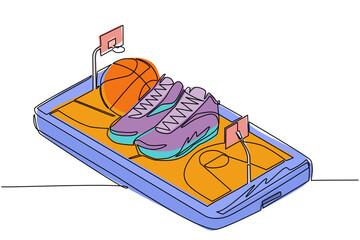 Poster - Single continuous line drawing basketball shoes and basketball balls on smartphone screen. Smartphone with app basketball. Mobile sport stream championship to play. One line draw graphic design vector