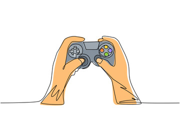 Poster - Single continuous line drawing young man hands holding video game console. Gamer holding in hand gamepad. Man playing video game. Leisure time at home. One line draw graphic design vector illustration