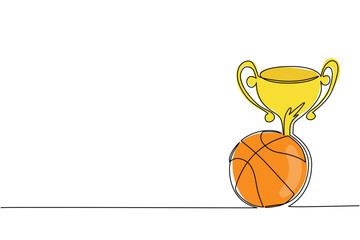 Poster - Single one line drawing trophy and basketball ball. Champion cup icon with basketball. Championship trophy. Sport tournament award, winner cup and victory concept. Continuous line draw design vector