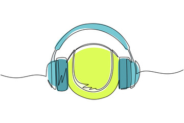 Poster - Continuous one line drawing tennis ball with headphone. Tennis commentator sport icon white isolated. Flat cartoon style suitable for web, banner, sticker. Single line draw design vector illustration