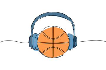 Poster - Single one line drawing basketball ball with headphone. Basketball commentator sport icon concept isolated. Flat cartoon style suitable for web, banner, sticker. Continuous line draw design vector