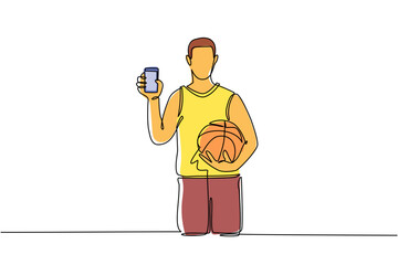 Poster - Single continuous line drawing basketball player holding basketball ball and smartphone. Smartphone with app basketball. Mobile sports stream championship to play. One line draw graphic design vector