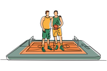 Poster - Single one line drawing two basketball players embrace each other on surface of smartphone. Mobile basketball. Mobile sports play match. Modern continuous line draw design graphic vector illustration