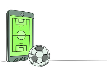 Poster - Single continuous line drawing smartphone with app soccer football field and ball. Mobile sport stream championship to play. Online football games. One line draw graphic design vector illustration