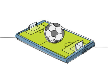 Poster - Single continuous line drawing soccer ball over virtual football field smartphone screen. Smartphone with app soccer football. Mobile sport stream championship to play. One line draw design vector