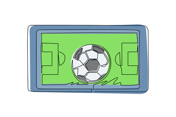 Poster - Single one line drawing football field and soccer ball in smartphone screen. Smartphone with app soccer football. Mobile sports stream championship to play. Modern continuous line draw design vector