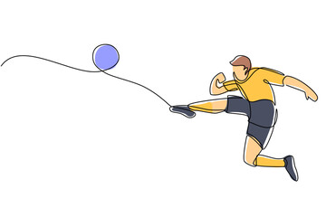 Poster - single one line drawing football player kicking ball. special uniform on joiner flat style. football