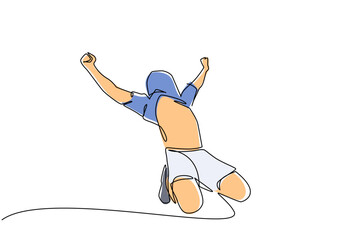 Poster - Continuous one line drawing young man football player is celebrating goal on stadium with his jersey on head. Match soccer goal celebration concept. Single line draw design vector graphic illustration