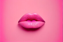 Pink lips painted pink lipstick on a pink background, beautiful shape and texture of beauty cosmetics, lipstick. Generative AI