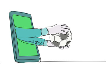 Poster - Single one line drawing goalkeeper hand holds soccer ball through mobile. Concept for online games, sports broadcasts. Smartphone with app soccer football. Continuous line draw design vector graphic