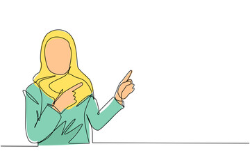Poster - Single one line drawing Arabian woman pointing away hands together and showing or presenting something while standing and smiling. Emotion and body language. Continuous line draw design graphic vector