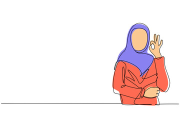 Aufkleber - single one line drawing arabian woman in hijab gesturing ok sign. okay sign, gesture language concep