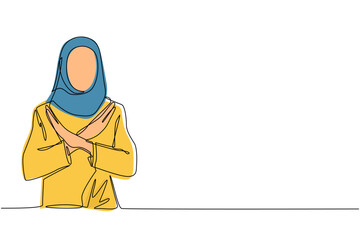 Poster - Single continuous line drawing young Arabian woman crossing arms and saying no gesture. Person making X shape, stop sign with hands and negative expression. One line draw design vector illustration