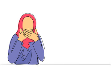 Poster - Continuous one line drawing Arab woman covering mouth with hands. Female mouth with hand shocked with shame for mistake, expression of fear, scared in silence, secret. Single line draw design vector