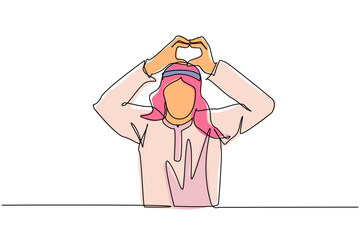 Poster - Single one line drawing young Arabian man making or gesturing heart symbol with fingers. Modern male lifestyle, healthcare, love shape concept. Continuous line draw design graphic vector illustration